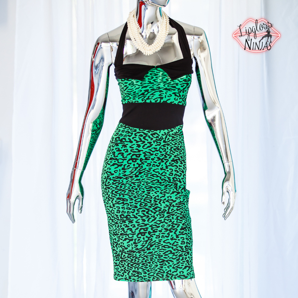 Rockabilly pinup retro animal print green dress